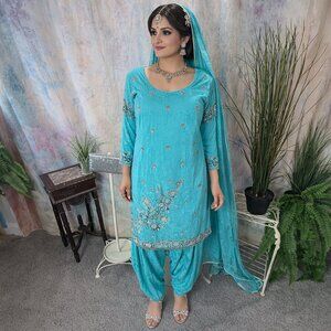 📌Beautiful Handmade Beaded Aqua- Blue Salwar Kameez Suit - Patiala Salwar Pants